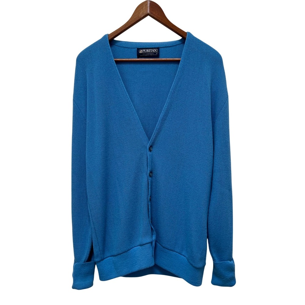 Vintage Puritan Mens Large Blue Orlon Acrylic V-Neck Button Cardigan 1970s USA